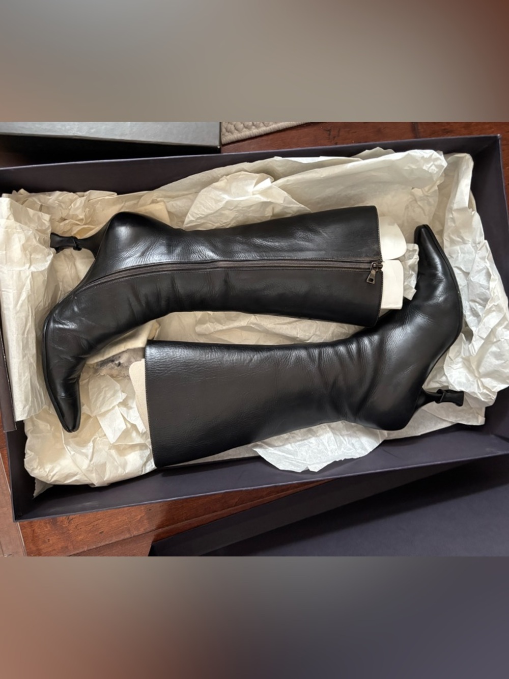 Prada Black Seta Calf Leather Knee High Boots Kitten Heel EU 36 US 6 Pointed Toe - Picture 2 of 16